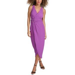 128$ Siena Women's Faux-Wrap O-Ring Party Bodycon Midi Dress Size 16 Med Purple